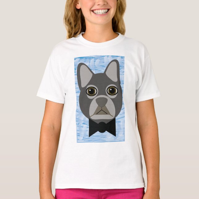 Camiseta Cinza Buldogue Francês, azul-aquarela (Frente)