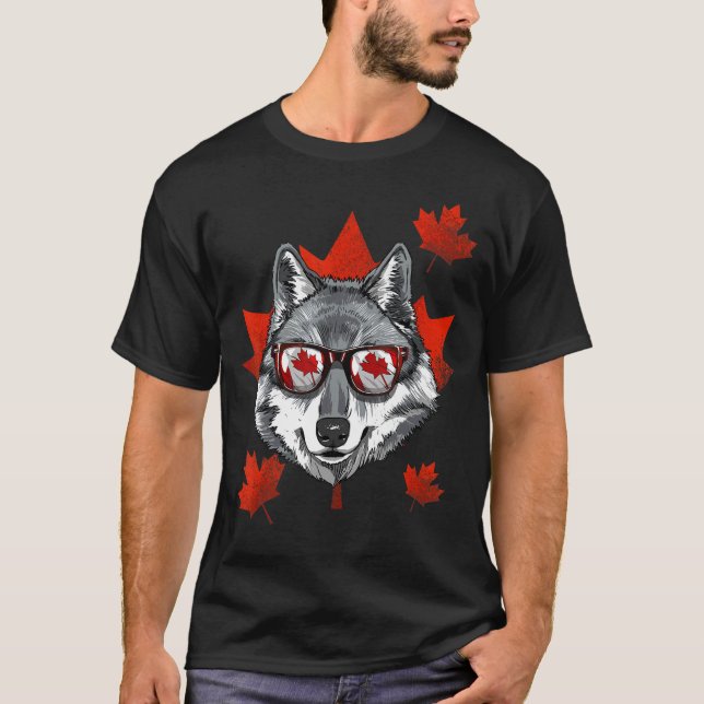 Camiseta Cinza canadense Wolf Maple Leaf Canada Flag Ani (Frente)