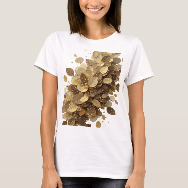 Camiseta Cinza Chic FOLHAS E ESTRELAS DORADAS Design Gráfic (Frente)