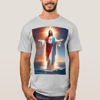 Camiseta cinza com Cristo de Jesus dando bênçãos