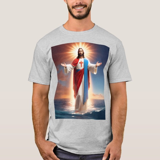 Camiseta cinza com Cristo de Jesus dando bênçãos (Frente)