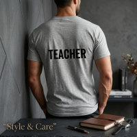 Camiseta cinza com texto PROFESSOR e impressão nas