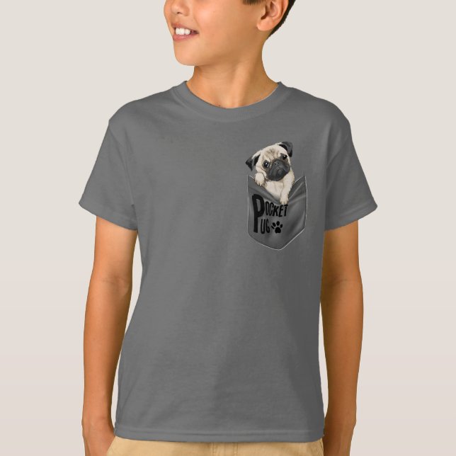 Camiseta Cinza de Crianças Pug Pocket (Frente)