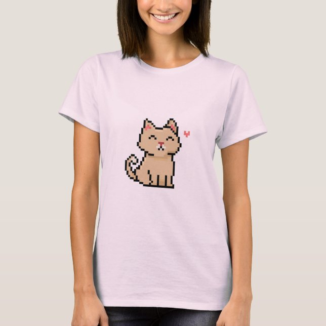 Camiseta cinza de píxeis sentado em gato-animal-de-estimaçã (Frente)