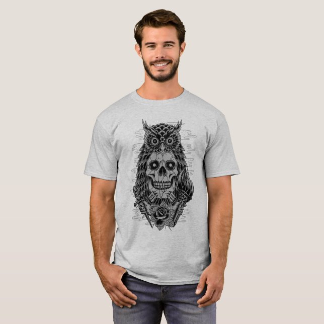 Camiseta Cinza de Tatuagem de Coruja de Crânio (Frente Completa)