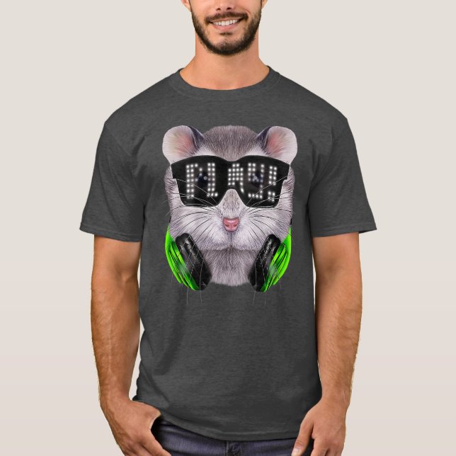 Camiseta Cinza Dwarf Hamster como DJ vestindo Sunglass e (Frente)