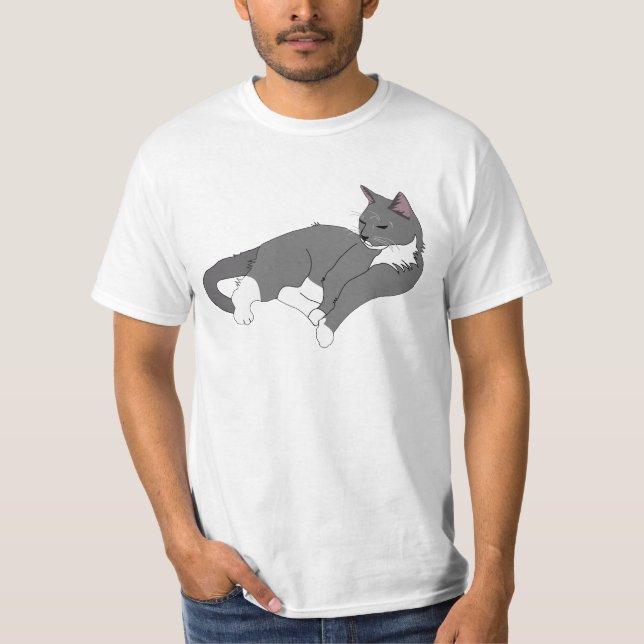 Camiseta Cinza e Gato de Tuxedo Branco (Frente)