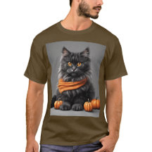 Cinza Fluffy Halloween Cat Brown T Shirt