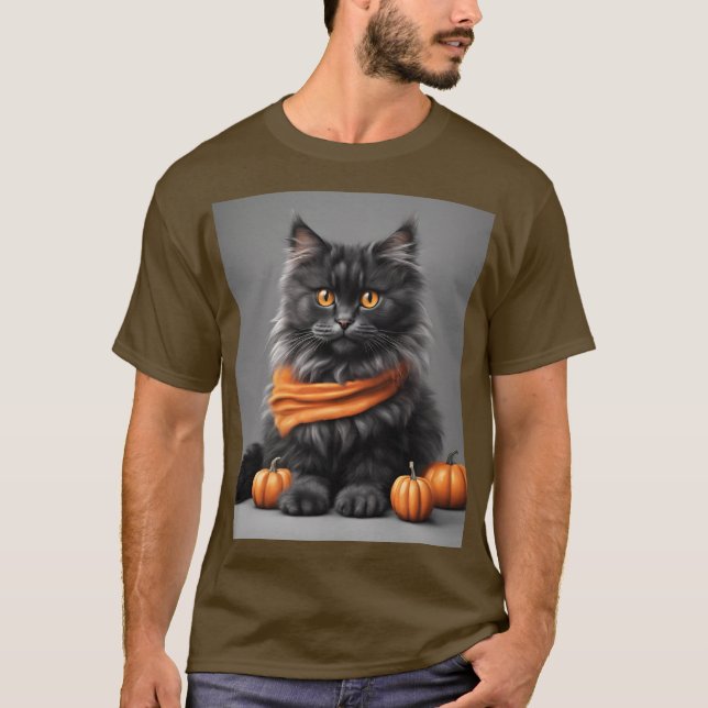 Camiseta Cinza Fluffy Halloween Cat Brown T Shirt (Frente)