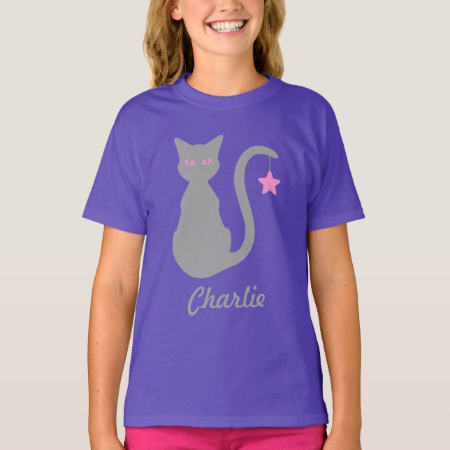Camiseta Cinza Nome de Gato T-Shirt (Criança) (Frente)