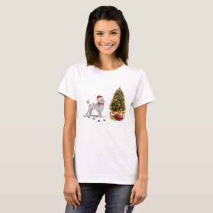 Camiseta Cinza Poodle Engraçado Cachorro de Natal com Árvor