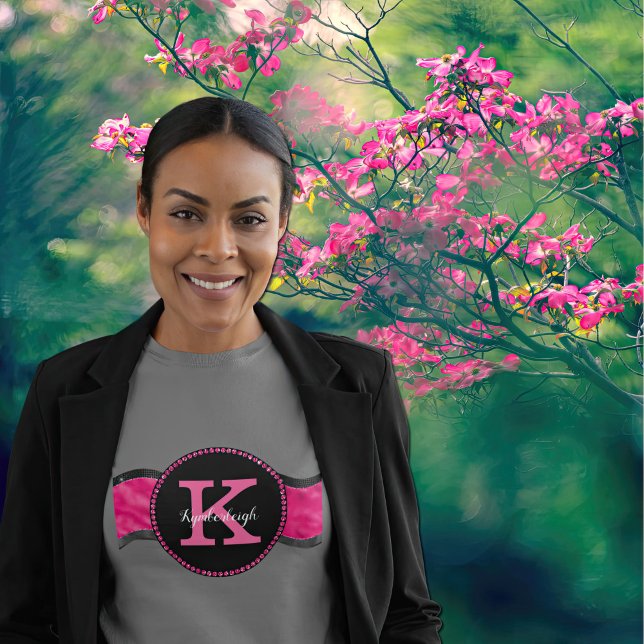 Camiseta Cinza Preta Rosa Quente Onda Girassol Nome Monogra (Criador carregado)