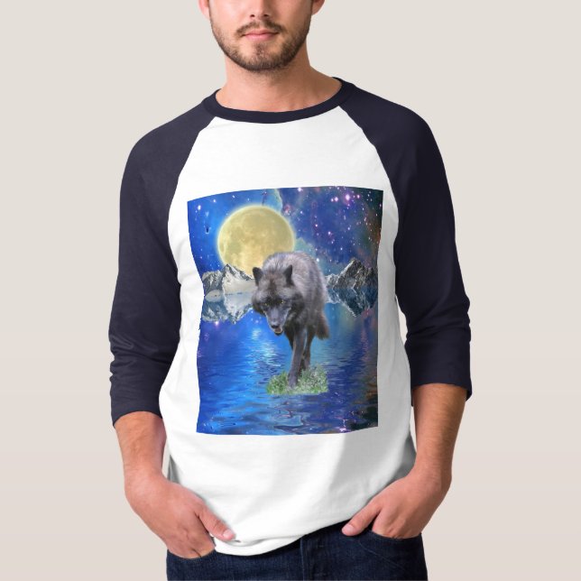 Camiseta CINZA WOLF & OUTER-SPACE Fantasy Wildlife Art (Frente)