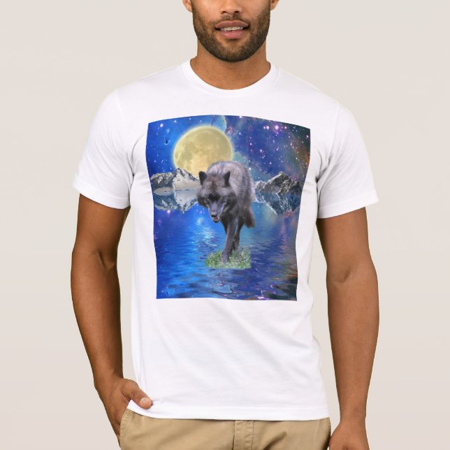 Camiseta CINZA WOLF & OUTER-SPACE Fantasy Wildlife Art (Frente)