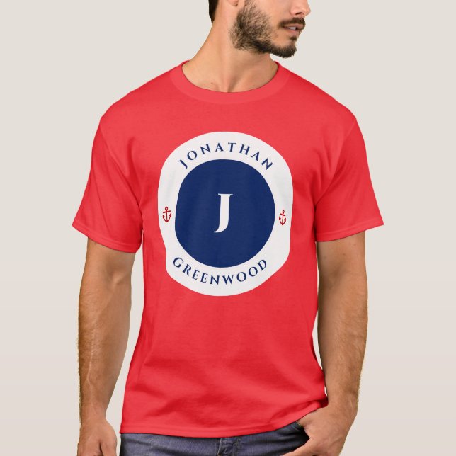 Camiseta Círculo Marinho do Monograma Azul Vermelho (Frente)