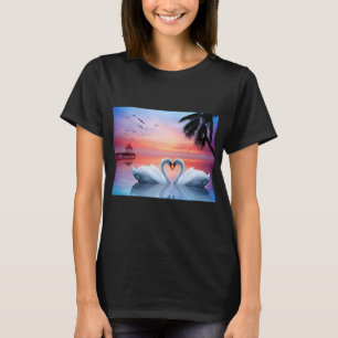 Camiseta Cisnes do Coração Romântico Paraíso do Pôr do Sol