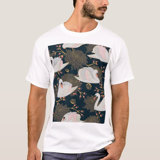 Camiseta Cisnes e crisântemos, padrão natural. (Frente)