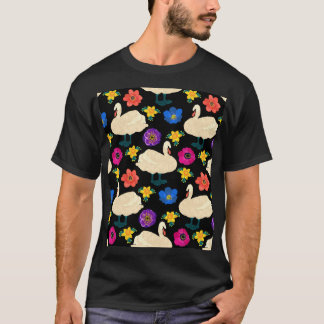 Camiseta Cisnes, flores, fundo preto desenhado à mão.