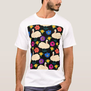Camiseta Cisnes, flores, fundo preto desenhado à mão.