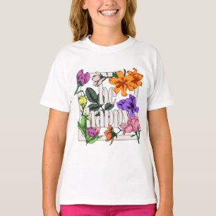Camiseta Citação positiva Ser Feliz e flores de jardim