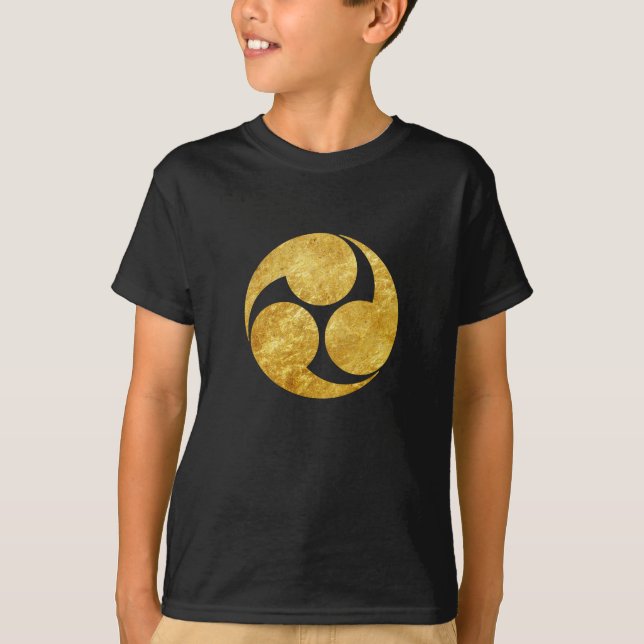 Camiseta Clã japonês Kobayakawa Mon faux gold em preto (Frente)