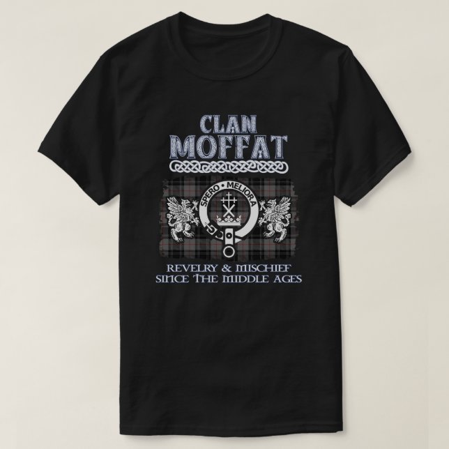 Camiseta Clã Moffat crest clãs escoceses sobrenome escocês (Frente do Design)