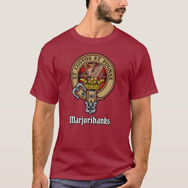 Camiseta Clan Marjoribanks Crest sobre Tartan (Frente)