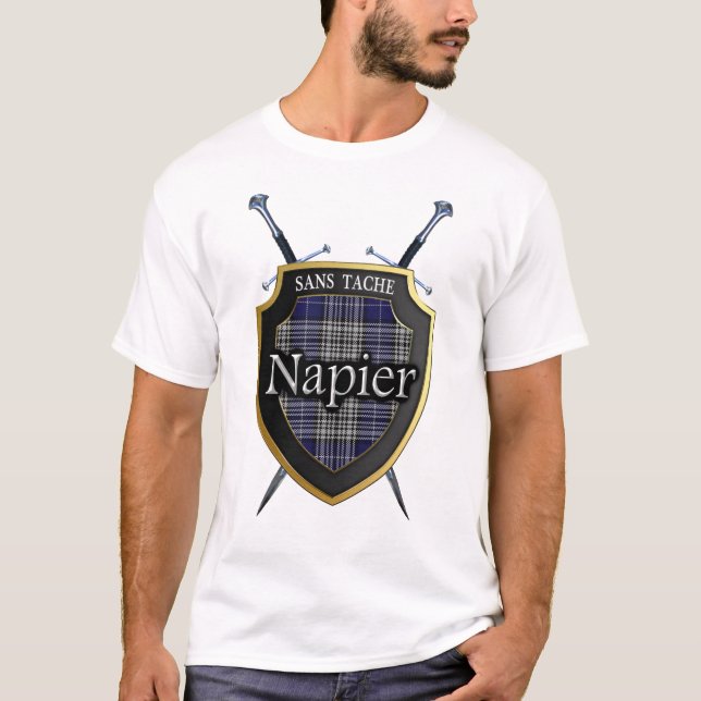 Camiseta Clan Napier Tartan Xadrez Shield & Espadas (Frente)