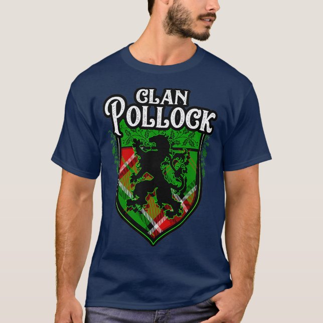 Camiseta Clan Pollock Surname Scottish Tartan Lion Crest (Frente)