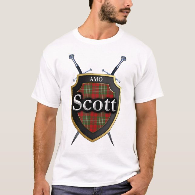 Camiseta Clan Scott Tartan Xadrez Shield & Espadas (Frente)