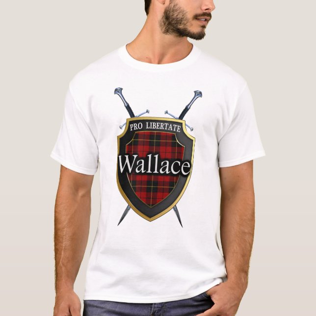 Camiseta Clan Wallace Tartan Xadrez Escocesa Escudo e Espad (Frente)