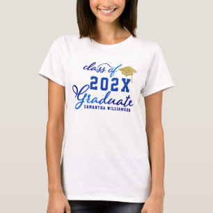 Camiseta Classe Branca Dourada Azul de Graduação do Formand