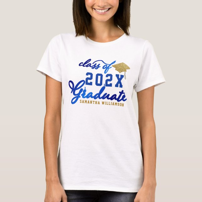 Camiseta Classe de Graduação Branca Dourada Azul de 2025 (Frente)