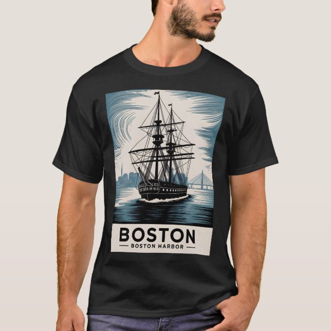 Camiseta Classic Boston Harbor Massachusetts Vintage Ship (Frente)