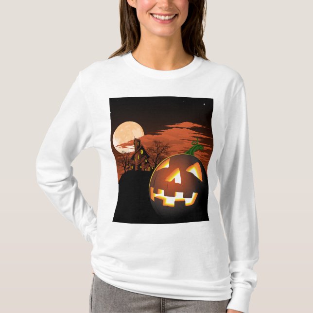Camiseta Classic Halloween Jack-O-Lantern Creepy House (Frente)