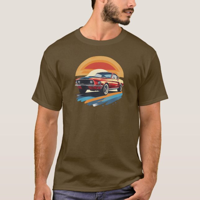 Camiseta Classic Red Mustang with Retro Sunset Background (Frente)
