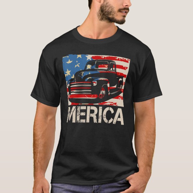 Camiseta Classic Truck  Merica American flag with pickup tr (Frente)