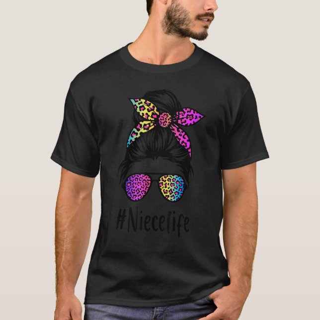 Camiseta Clássica da sobrinha Messy Bun Rainbow Leopard Mãe (Frente)