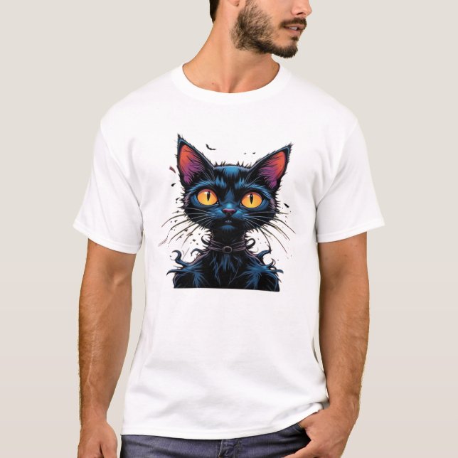 Camiseta Clássica Gato Preto Místico sob Lua Cheia (Frente)