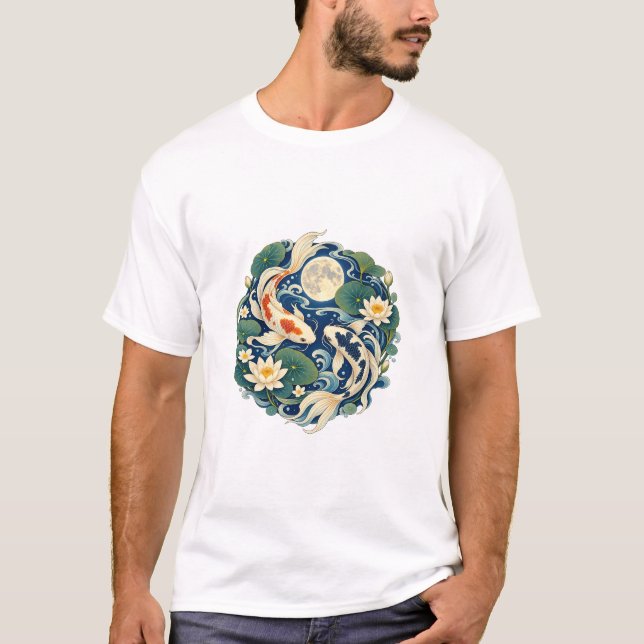Camiseta Clássica Moonlit Koi e Lírio de Água (Frente)