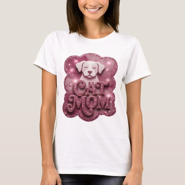 Camiseta Clássica Rosa com Frase CAT MOM (Frente)