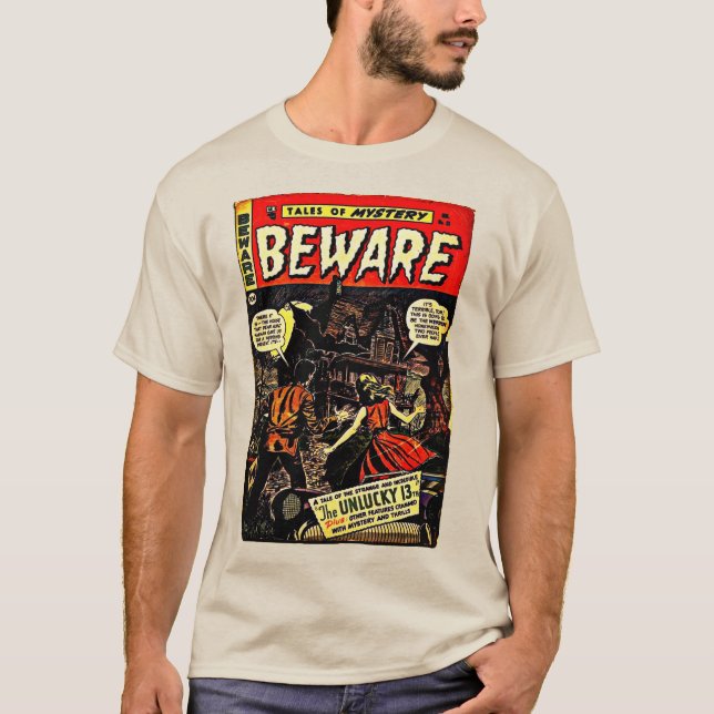 Camiseta Clássico "BEWARE" Fantasia História em quadrinhos  (Frente)