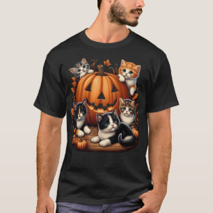 Camiseta Clássico Gato Abóbora Halloween Floral Retrô Assus