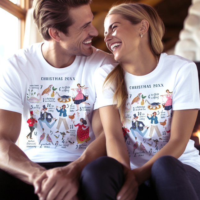 Camiseta Clássico Natalino dos 12 Dias de Natal Tradicional (12 days of Christmas traditional classic custom year t-shirt.)