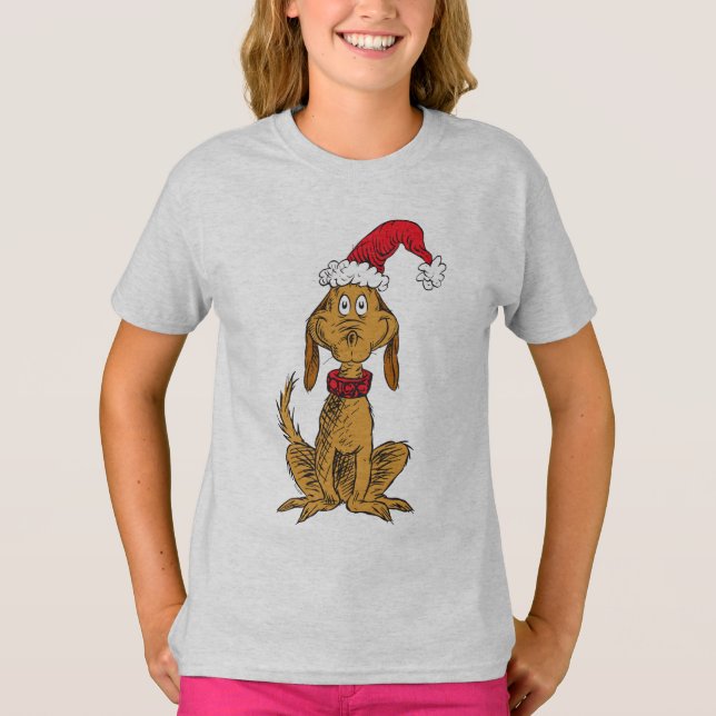 Camiseta Clássico O Grinch | Max - Chapéu de Papai Noel (Frente)