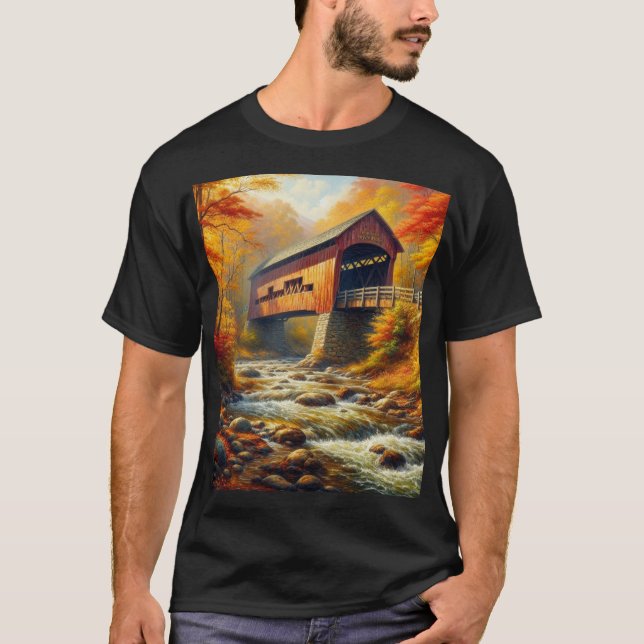 Camiseta clássico, ponte coberta de outono (Frente)