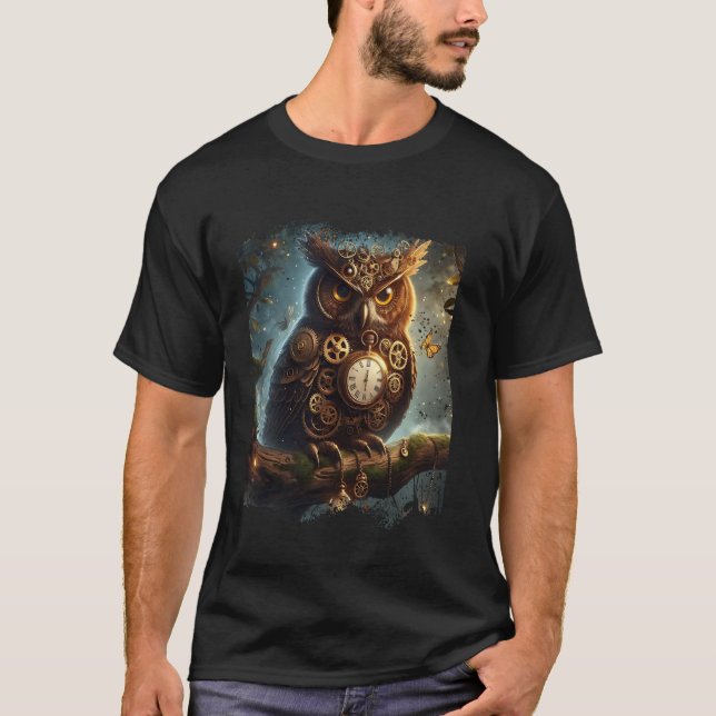 Camiseta Clássico Steampunk Night Owl Lover Gears Go (Frente)
