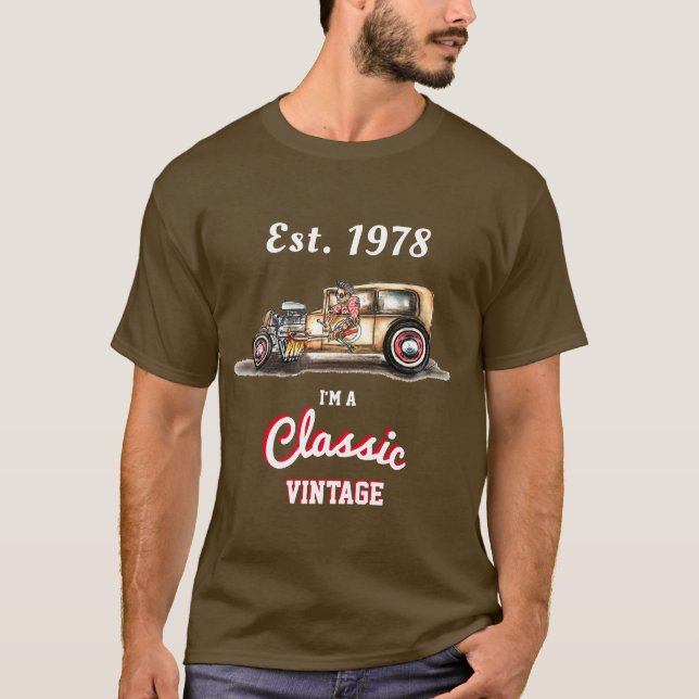 Camiseta Clássico Vintage Hot Rod Car Aniversário EST (Frente)