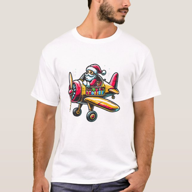 Camiseta Claus Voando Avião (Frente)