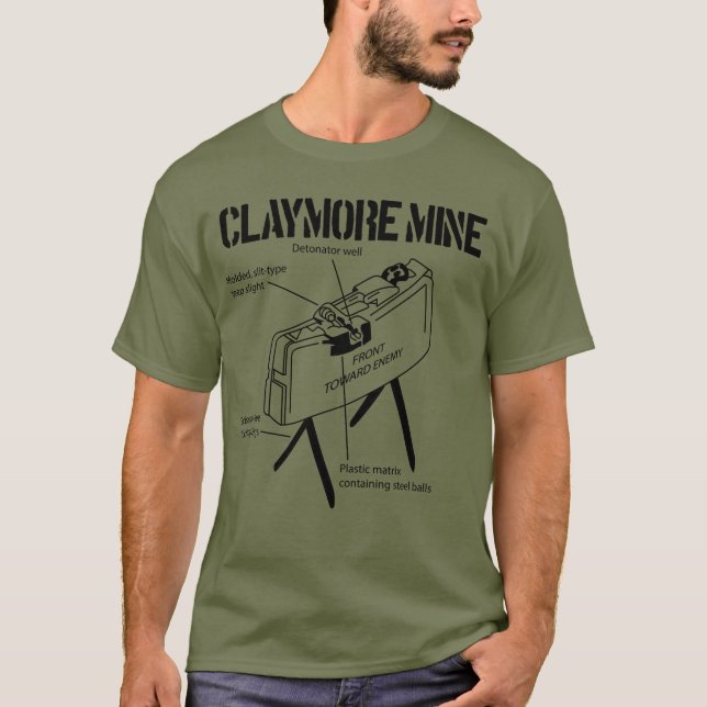 Camiseta Claymore Mine Esquemático Frente para o Inimigo (Frente)